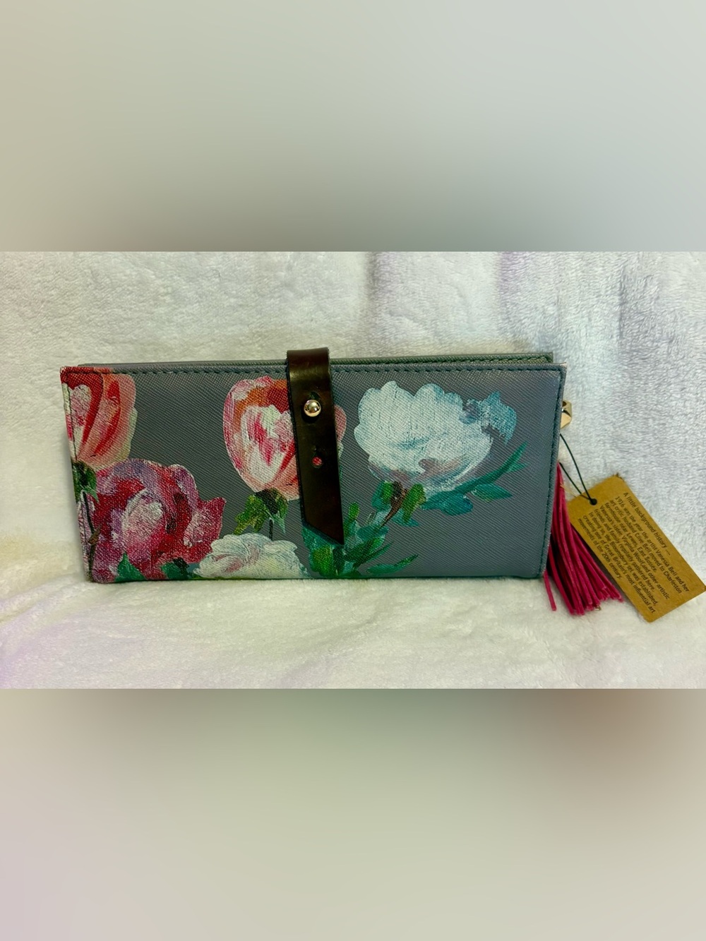 1916 Gray Floral Women's Wallet with Pink Tassel Accent